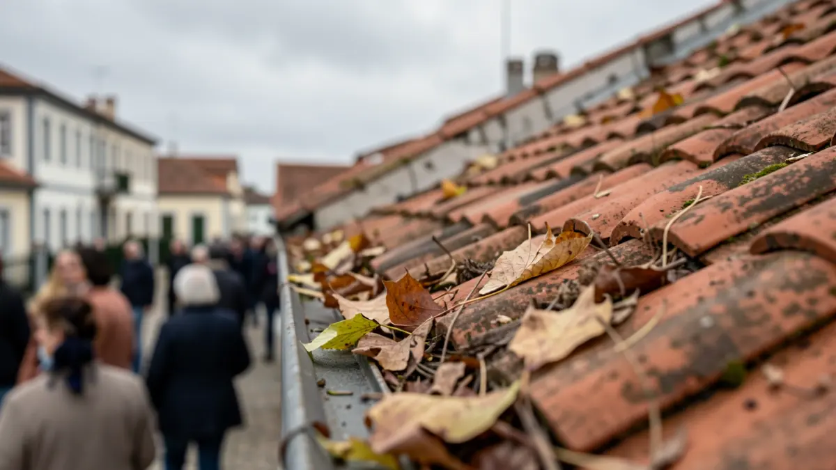 Image of a roof gutter with leaves and debris, in Guimarães.