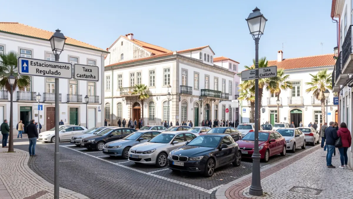Imagem de ruas em Quinta das Palmeiras, Oeiras, com sinalização de estacionamento regulado e taxa castanha.