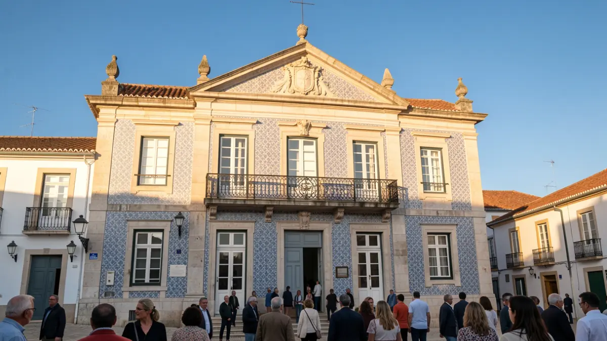 Facade of a municipal building in São Brás de Alportel, featuring traditional tiles and an ornate balcony.