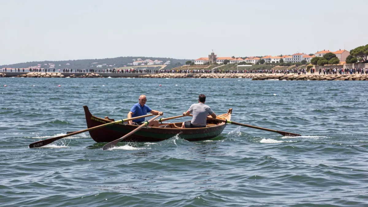 Regata de aiolas en la Bahía de Sesimbra con dos remeros en acción.