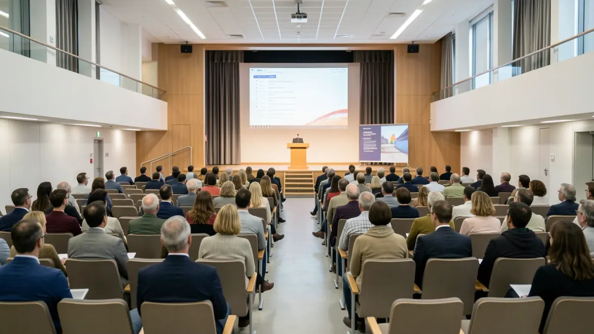Generic image of a modern hospital auditorium in Portugal, with a stage and empty seats.