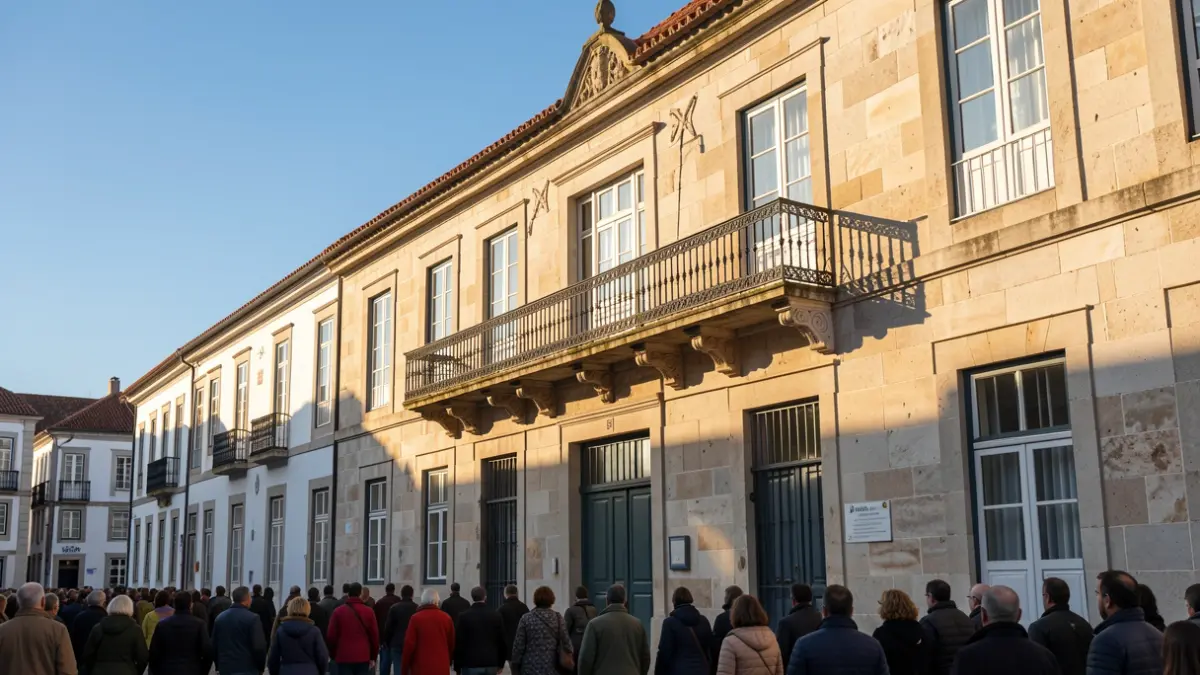 Facade of a municipal building in Póvoa de Lanhoso at dusk.