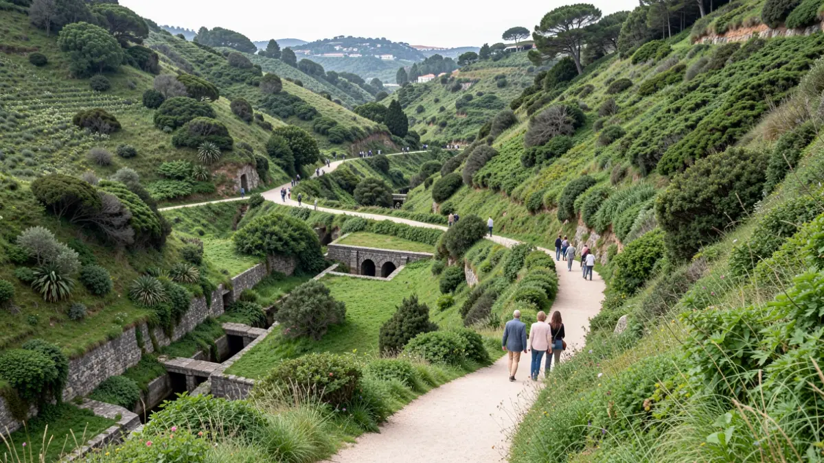 Caminho verdejante em Sintra com infraestruturas hídricas históricas.