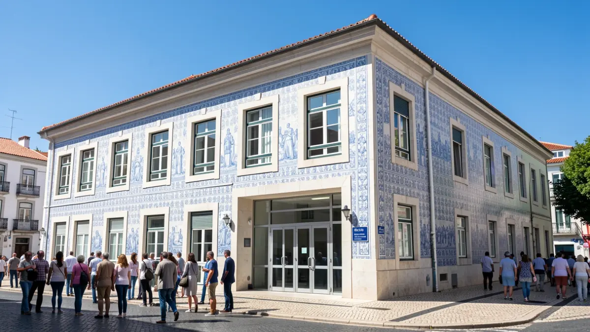 Fachada de um centro comunitário renovado no Bairro da Flamenga, Lisboa, com azulejos portugueses e entrada moderna.