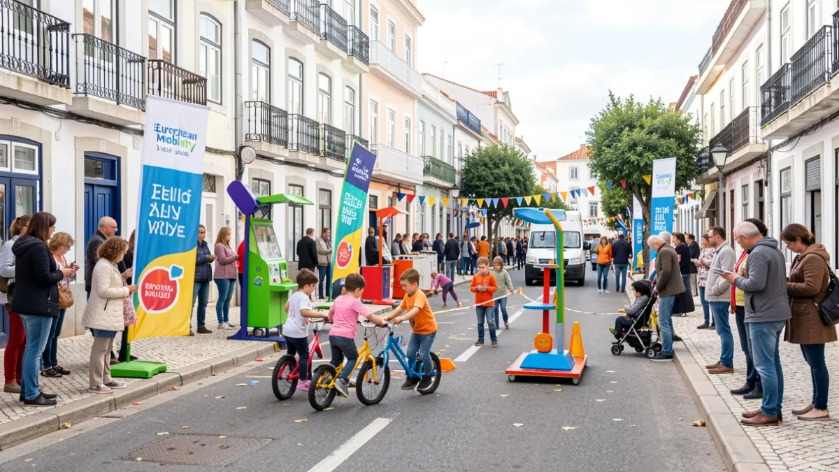 Cena de rua vibrante em Oeiras durante a Semana Europeia da Mobilidade, com crianças a experimentar mobilidade ativa.