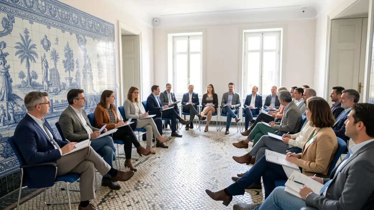 Modern healthcare seminar room in Portugal, with participants listening attentively. Focus on the atmosphere of learning and health awareness, with subtle Portuguese architectural elements. Soft, natural light. No text or logos visible.