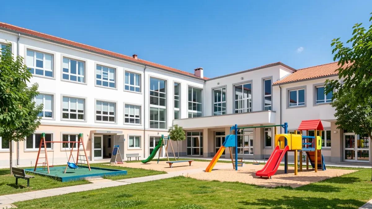 Imagem de uma escola portuguesa com obras de requalificação concluídas, mostrando novas instalações e espaços exteriores renovados.