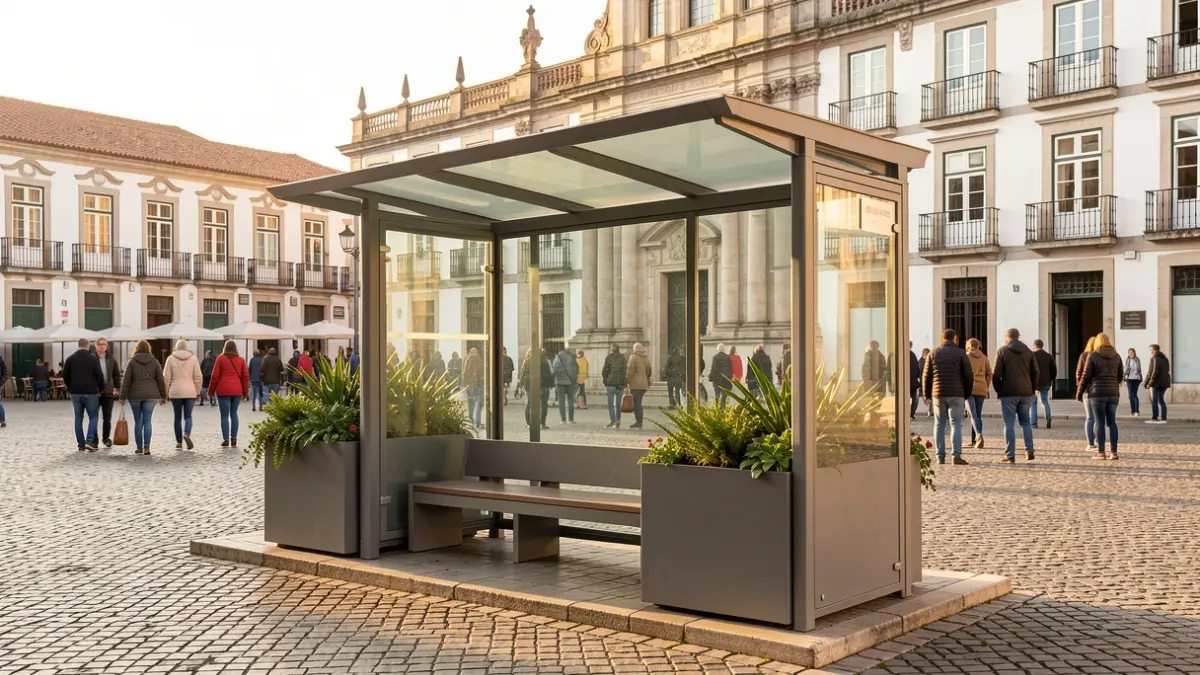 Imagem de um posto de autocarro moderno com bancos e floreiras, em frente a uma praça portuguesa com pavimento tradicional e fachada de edifício municipal.