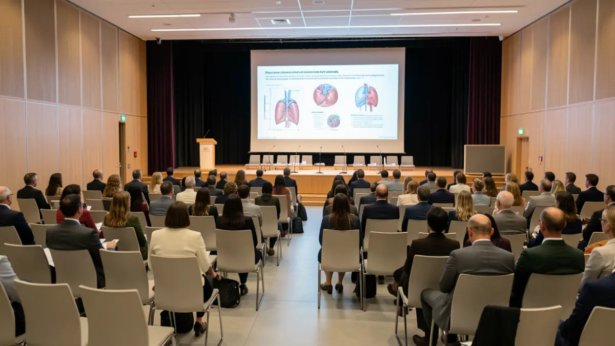 Imagen genérica de una sala de conferencias médica en Portugal, con sillas vacías y un escenario.