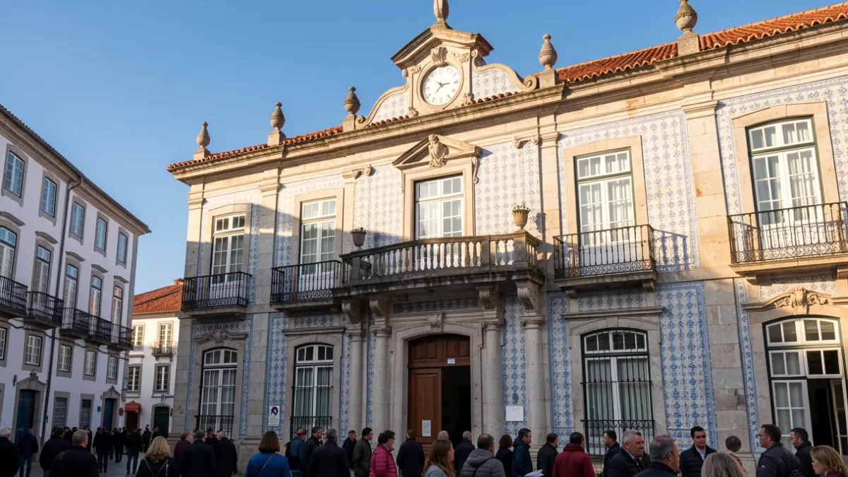 Fachada de um edifício municipal português com azulejos tradicionais e varanda de pedra, sob luz solar de fim de tarde.