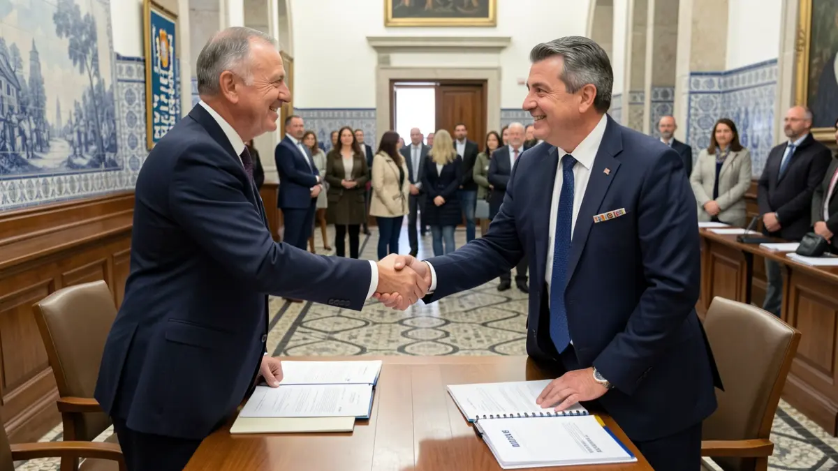 Imagen de dos representantes municipales dándose la mano en señal de cooperación.