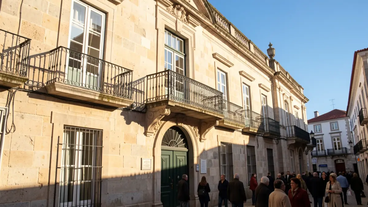 Fachada de um edifício municipal em pedra com varanda ornamentada e luz solar de fim de tarde.