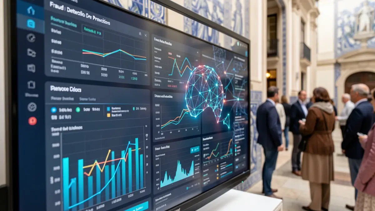 Interface digital com gráficos de deteção de fraude no SNS, com elementos de arquitetura portuguesa.