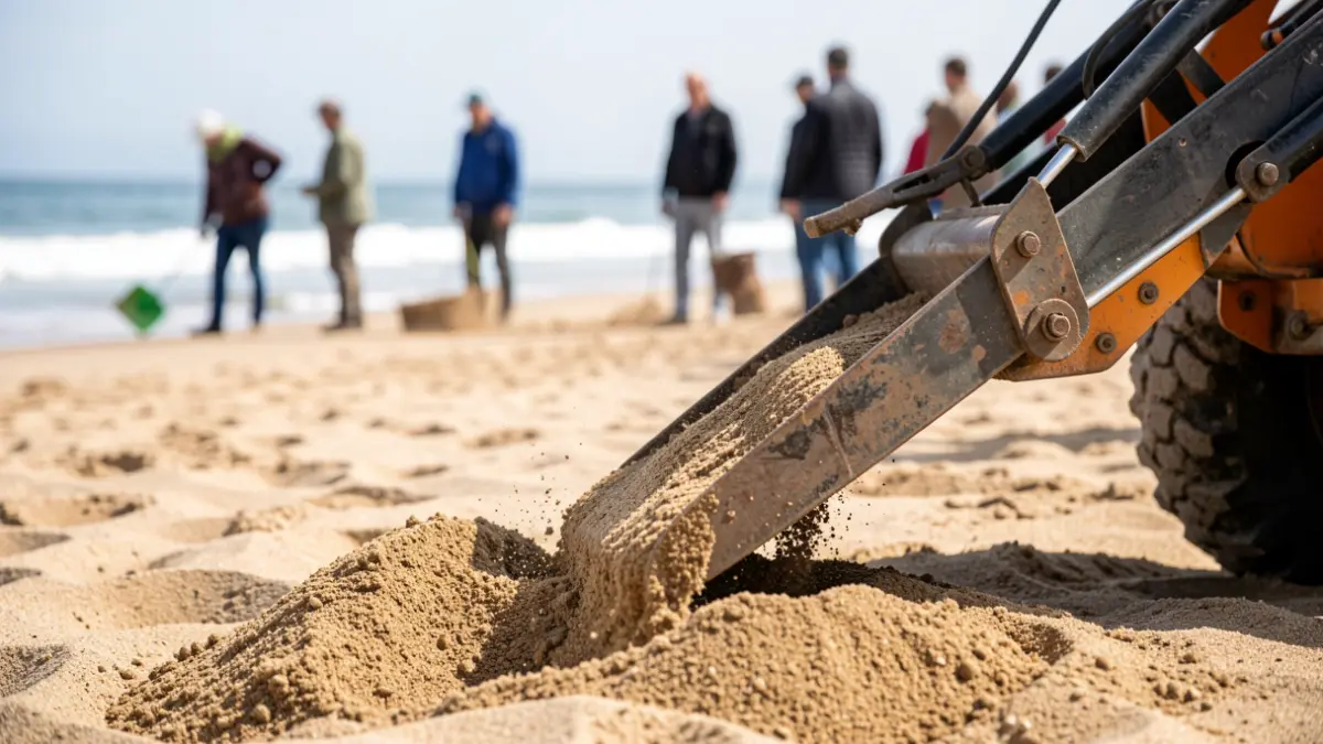 Imagem genérica de operação de limpeza de praia em Setúbal, com máquina a limpar areal.