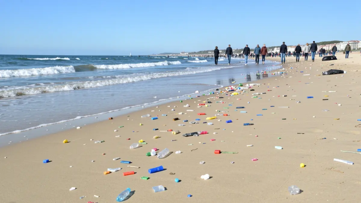 Imagem de uma praia com detritos plásticos e o mar ao fundo, simbolizando a limpeza e a consciencialização ambiental.