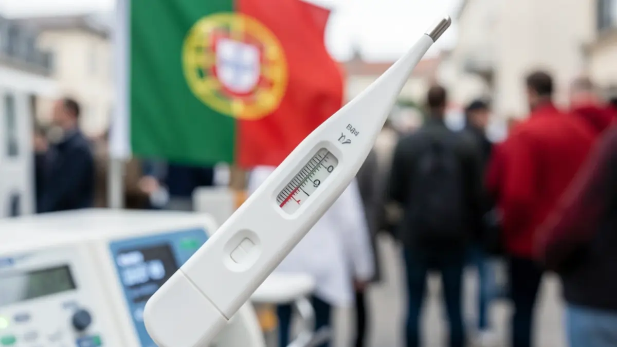 Medical thermometer showing high temperature, blurred medical equipment and Portuguese flag in the background.