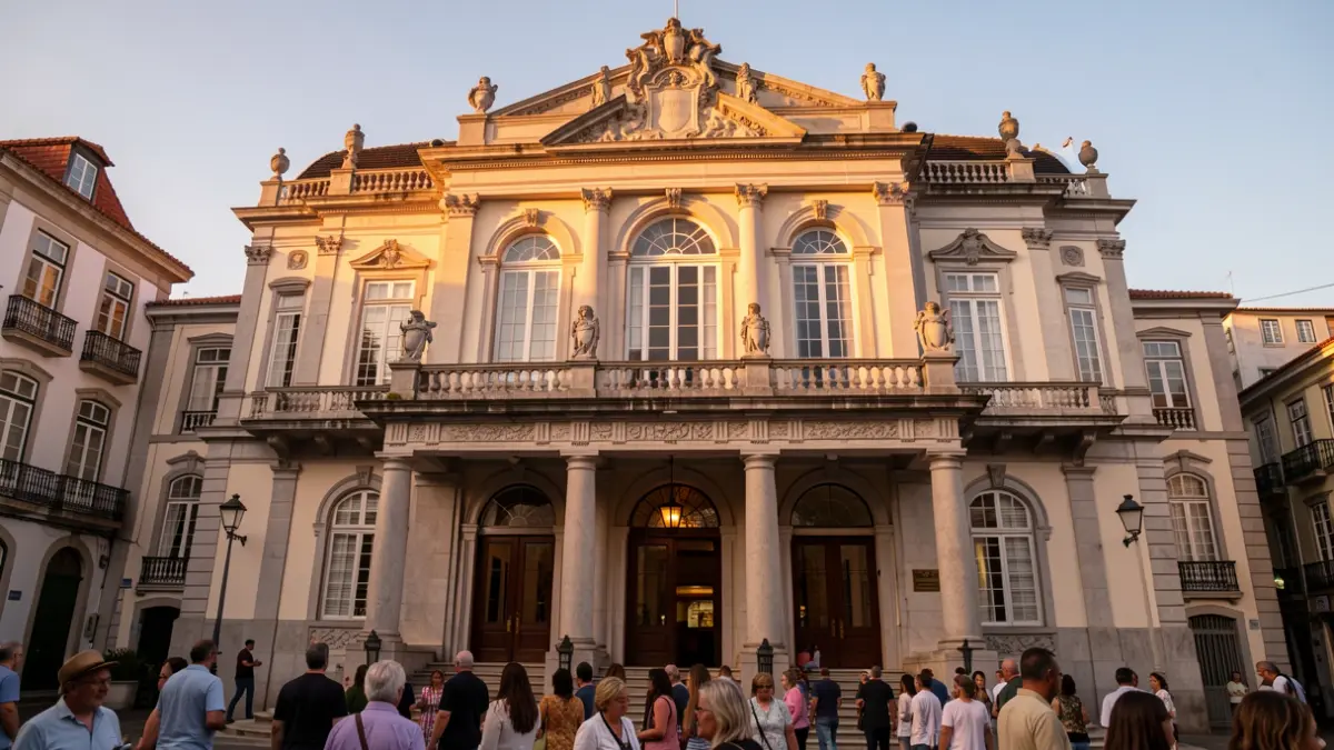 Fachada del Teatro Municipal Baltazar Dias en Funchal, Portugal, con detalles arquitectónicos ornamentados y luz de atardecer.