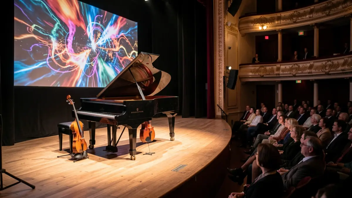 Portuguese theatre stage with piano, violin, and cello, and screen with abstract video art.