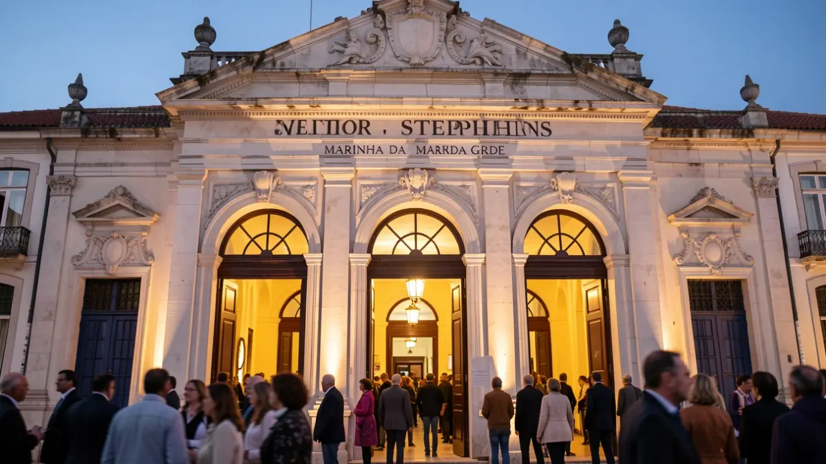 Fachada do Teatro Stephens em Marinha Grande, iluminada à noite para um concerto.