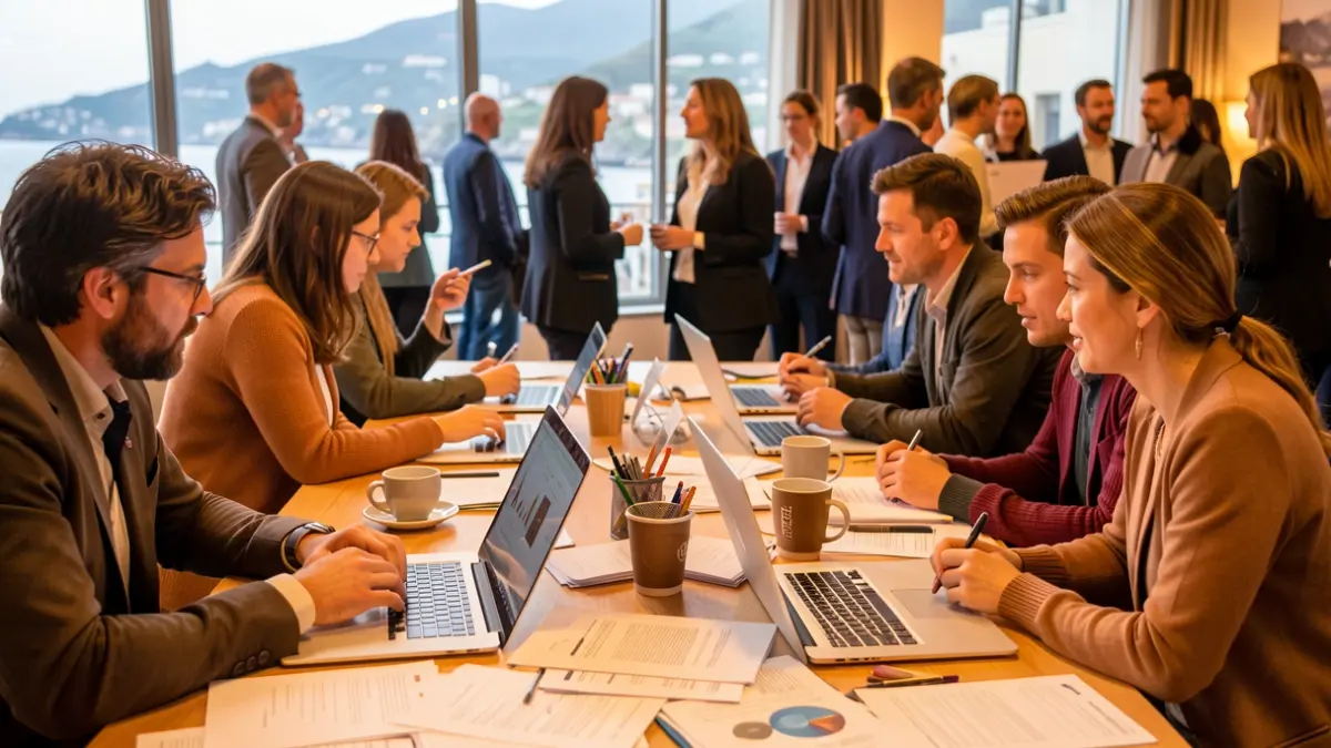 Imagen de participantes colaborando en un evento de emprendimiento en Madeira, con enfoque en ideas de negocio y prototipos.