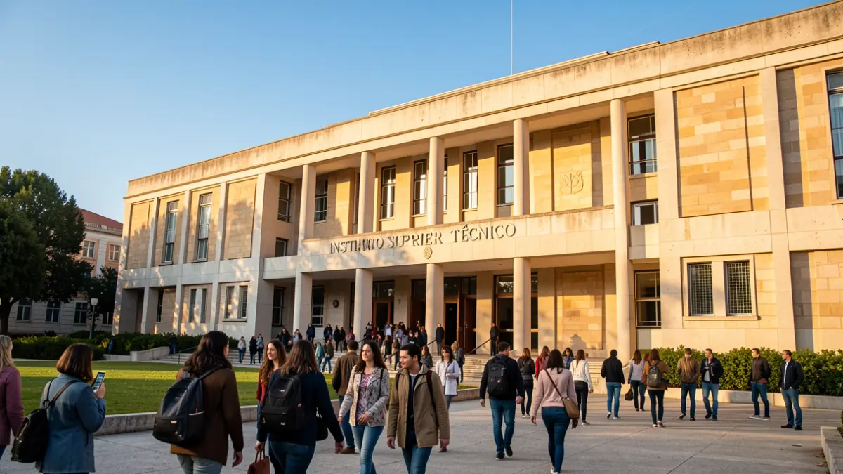 Fachada do campus do Instituto Superior Técnico em Oeiras, com estudantes a aproximarem-se do edifício.