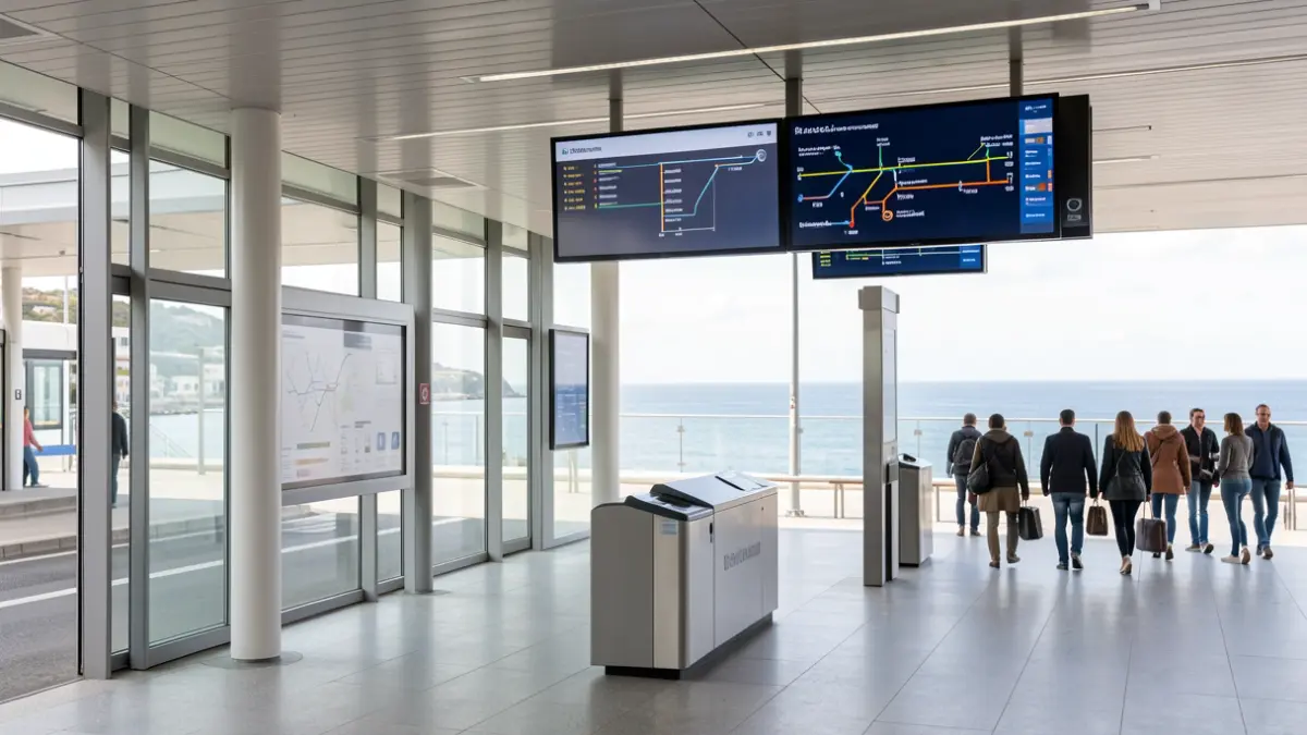 Generic image of a modern public transport hub in Portugal, with digital signage and natural light.