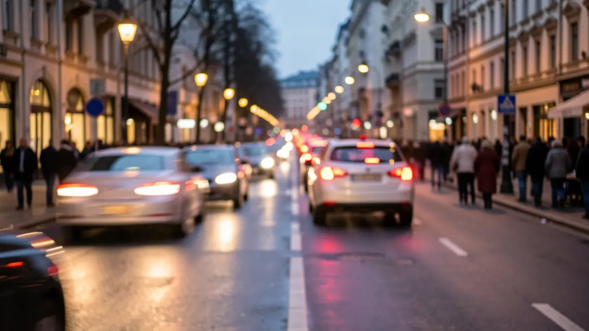 Generic image of a busy urban intersection at dusk, with blurred traffic lights.