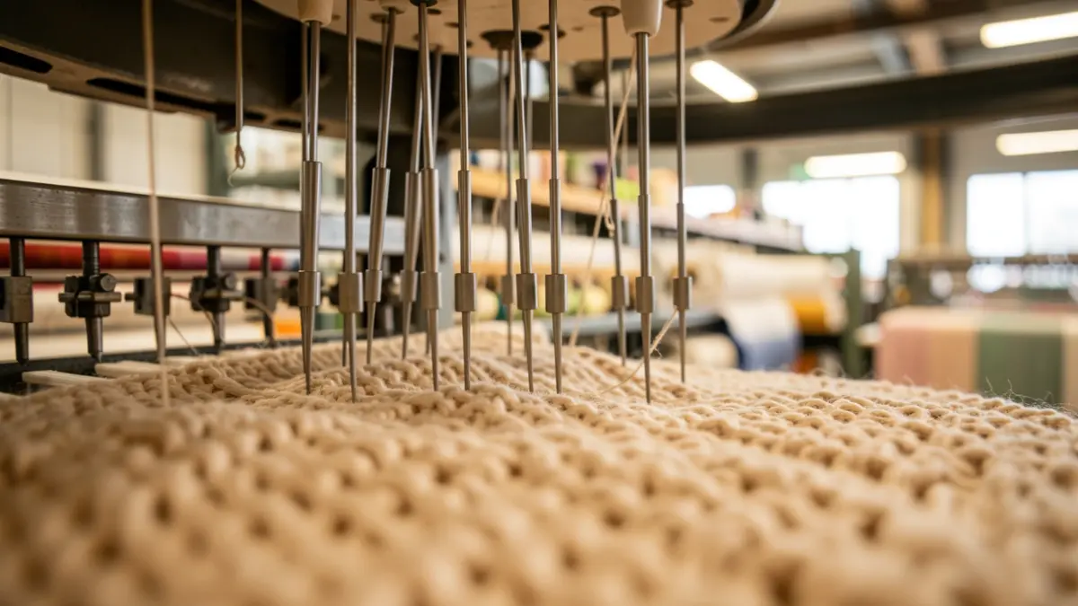 Circular knitting machines producing fabric in a modern factory.