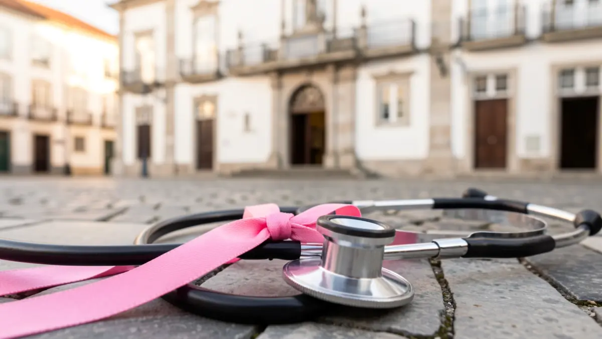 Pink ribbon on a stethoscope in front of the Trofa City Hall.