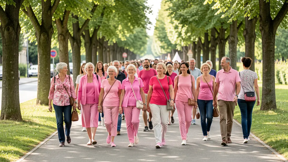 Generic image of people walking in shades of pink to mark breast cancer prevention.