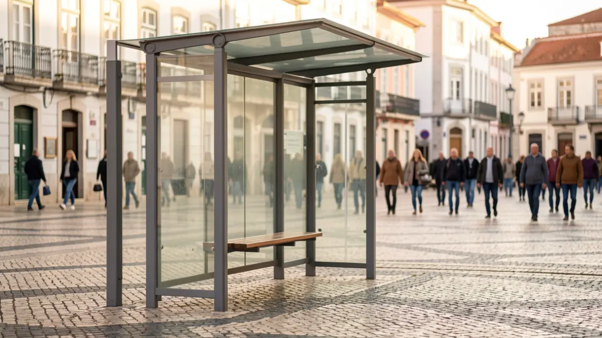 Modern, empty electric bus stop in Viana do Castelo, with Portuguese pavement and typical architecture in the background.