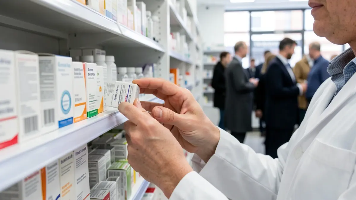 Manos de un farmacéutico organizando medicamentos en una estantería de farmacia.