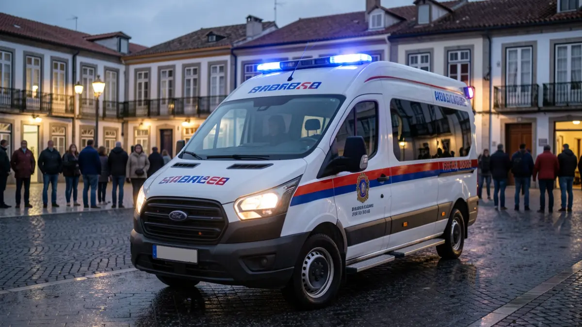 Veículo de emergência médica em praça portuguesa ao entardecer.