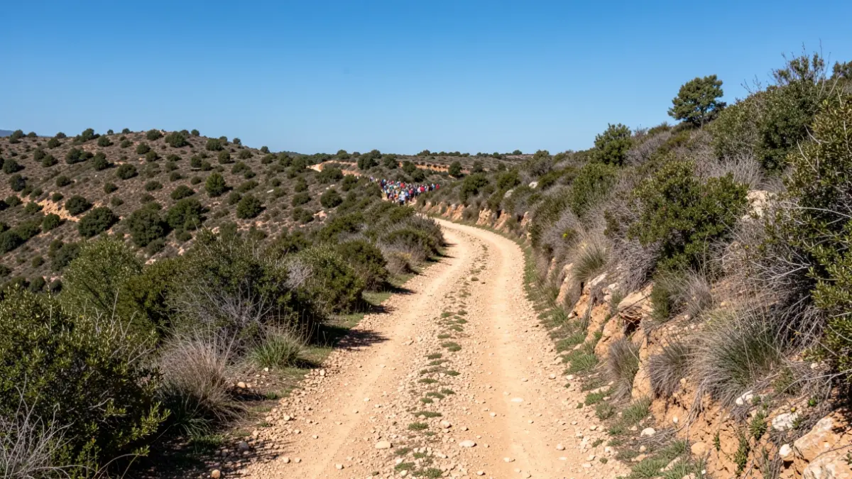 Dirt trail in a hilly landscape with sparse vegetation, under a clear blue sky, suggesting a trail running race.