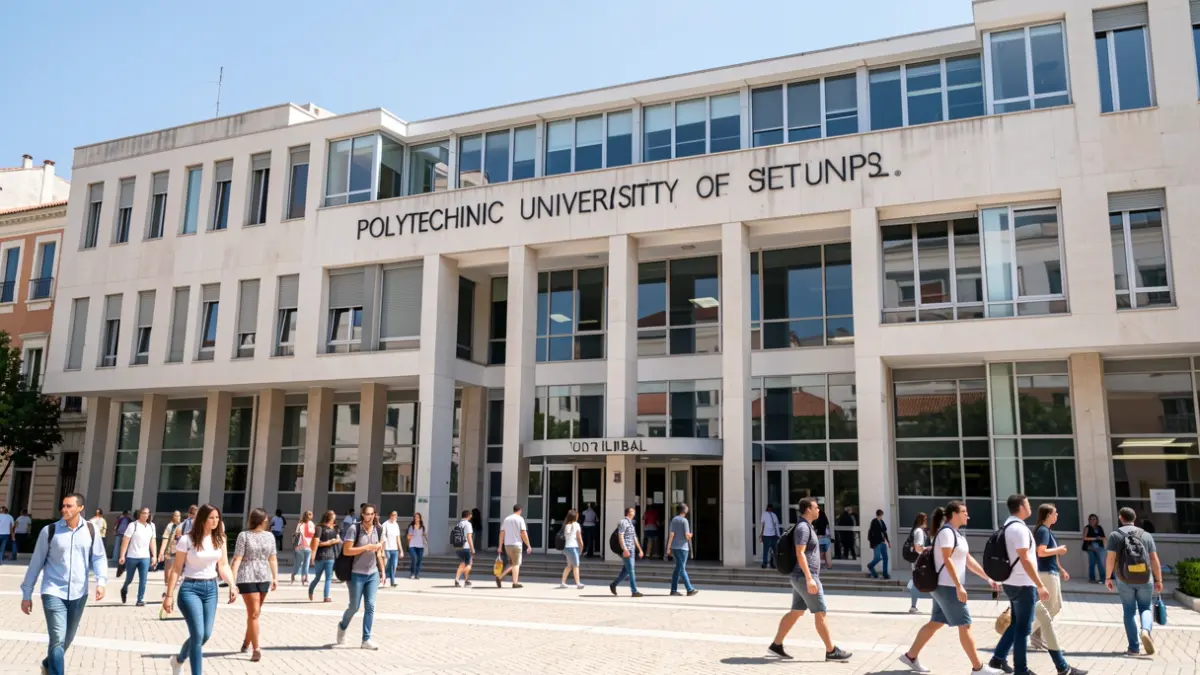 Facade of the Polytechnic University of Setúbal (UNIPS) with students.