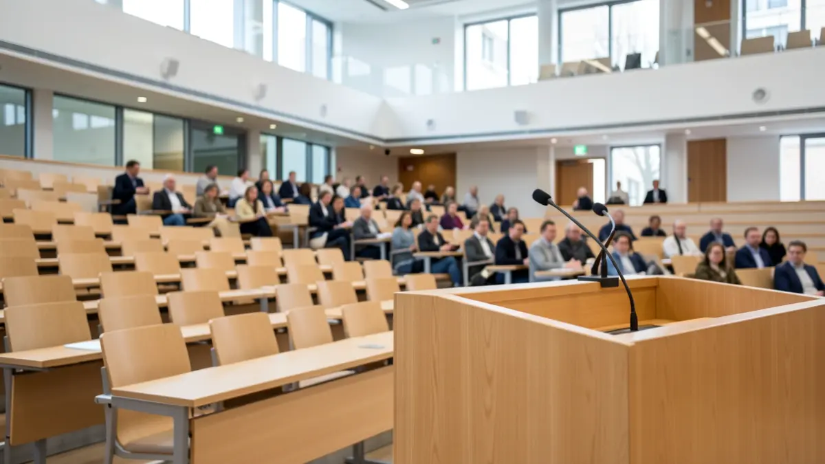 Generic image of a modern, empty university lecture hall.