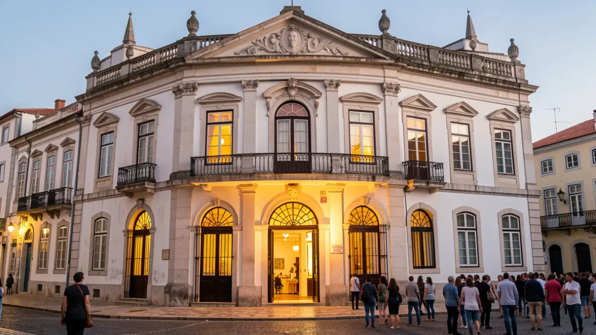 Fachada del Teatro José Lúcio da Silva en Leiria durante un evento nocturno.