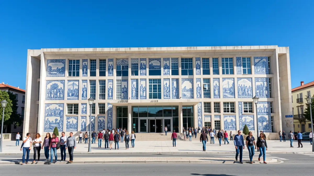 Fachada de la Universidad de Leiria y Oeste, un edificio moderno con elementos arquitectónicos portugueses.
