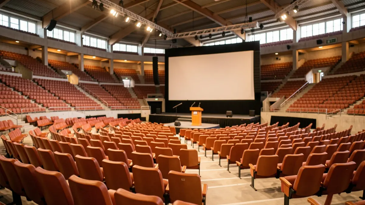Auditorio de estadio portugués con podio y pantalla, listo para evento deportivo.