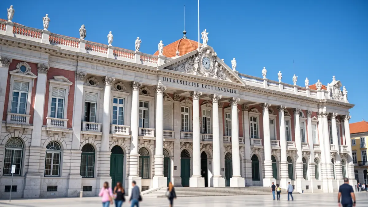 Fachada da Universidade de Lisboa com arquitetura clássica e céu azul.