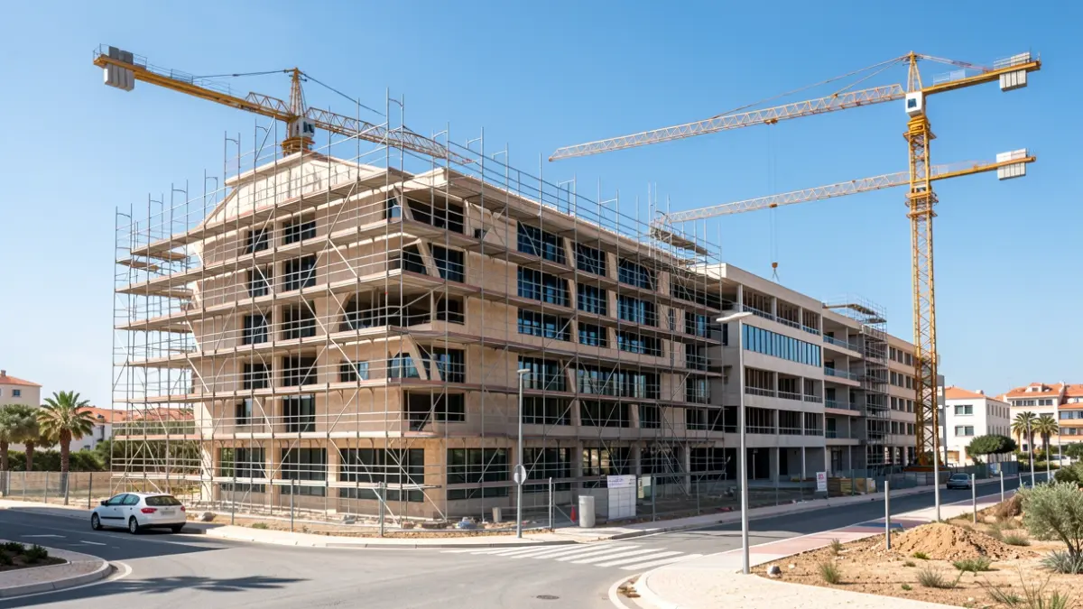 Fachada del futuro Campus do Barlavento en Portimão, Algarve, en construcción con andamios y grúas.
