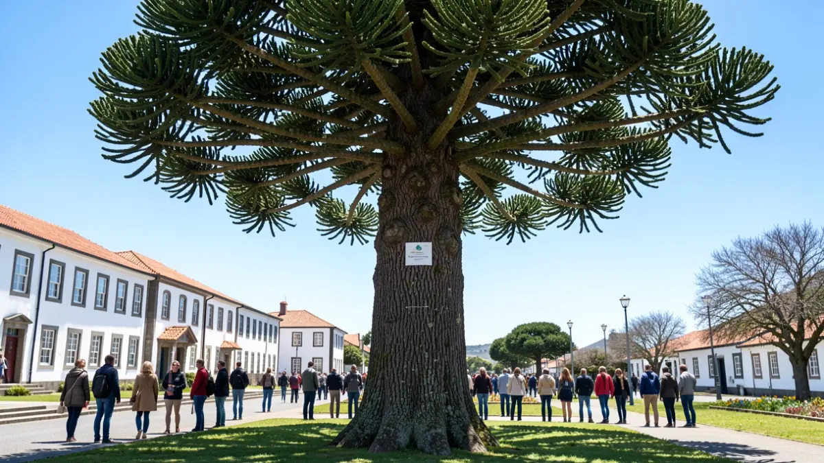 An araucaria tree with an identification tag on a university campus in the Azores.