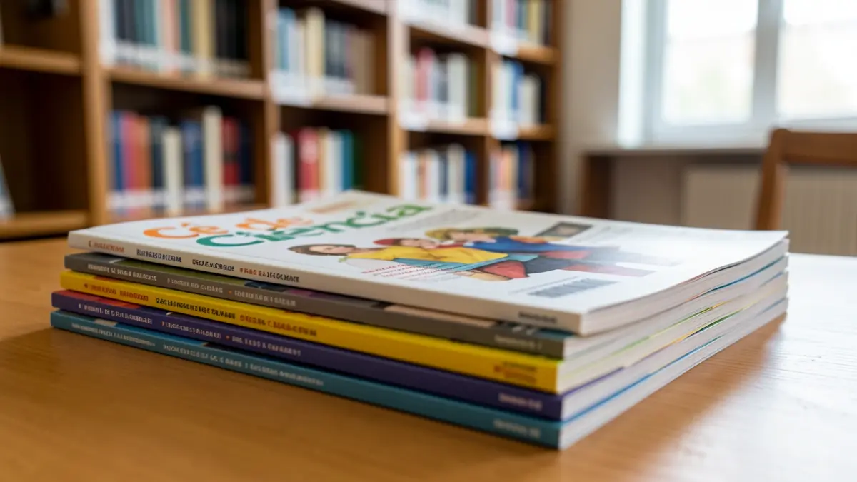 Revista Cê de Ciência sobre uma secretária de madeira, com estantes de biblioteca ao fundo.