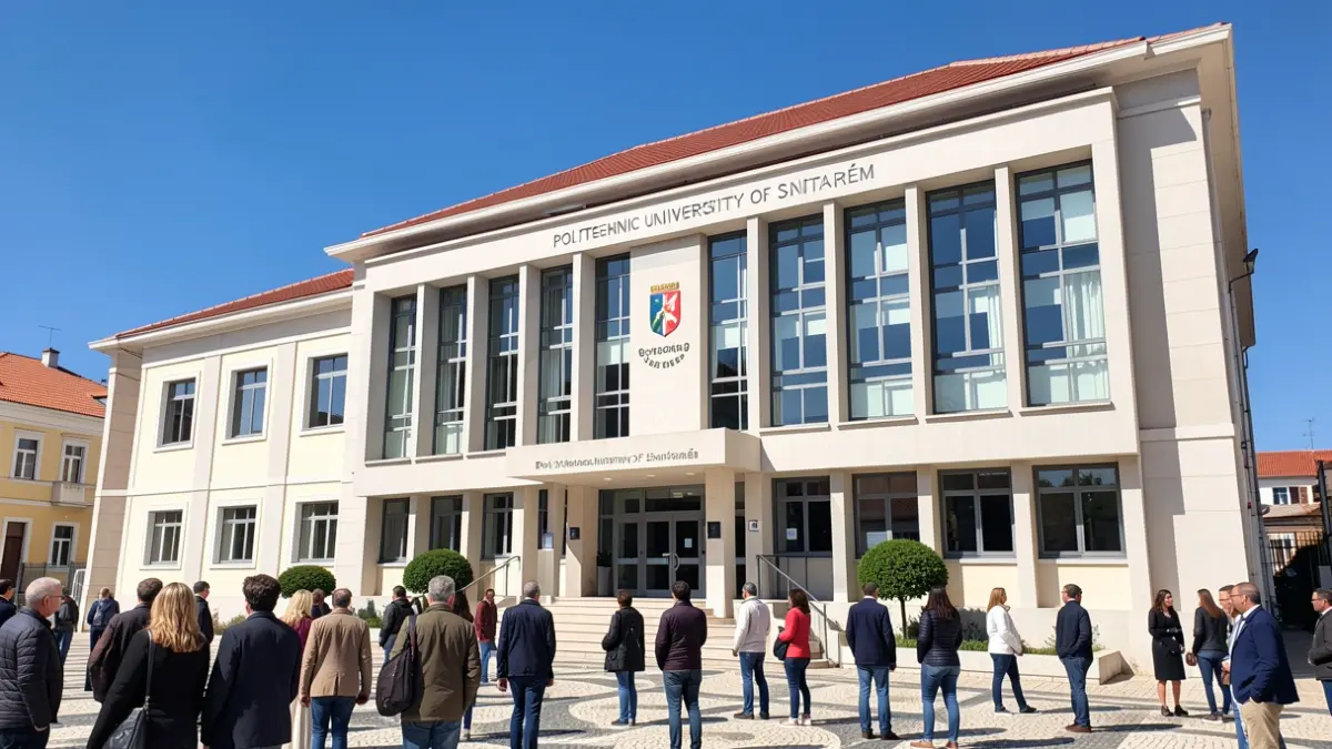 Facade of the Polytechnic University of Santarém, a modern building with Portuguese architectural elements.