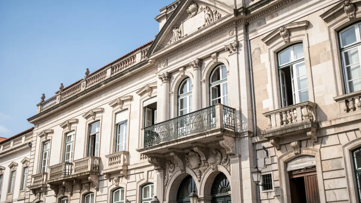 Facade of a Portuguese university building with classical architecture, ornate balconies, and blue sky.