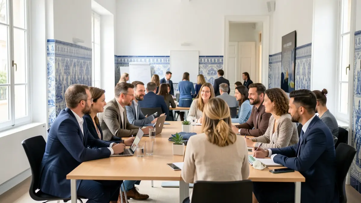 Image of international participants in a meeting room in Coimbra, featuring Portuguese architectural elements.