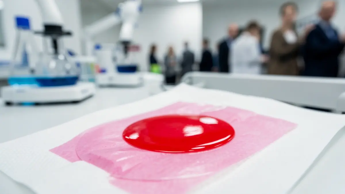 Close-up of a red and pink adhesive film sensor, representing a smart wound dressing, with blurred laboratory equipment in the background.
