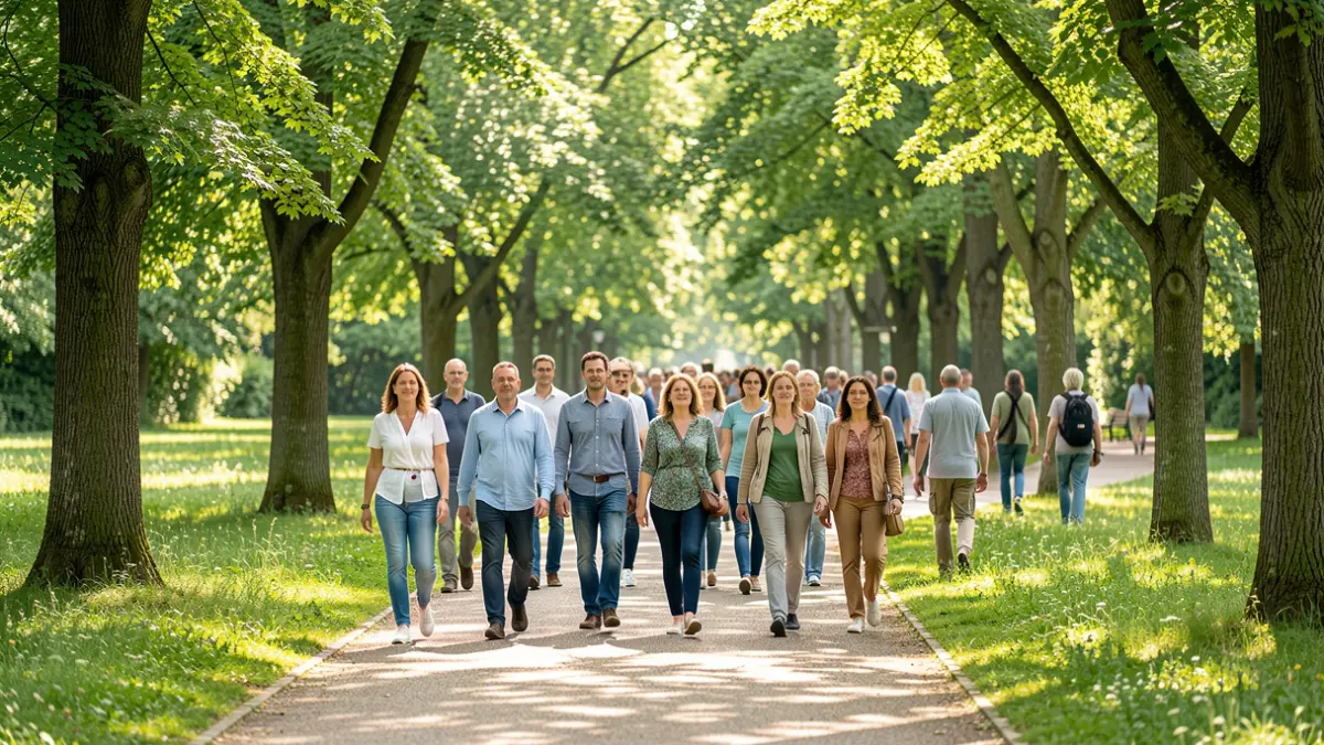Generic image of a group of people walking in a green park.