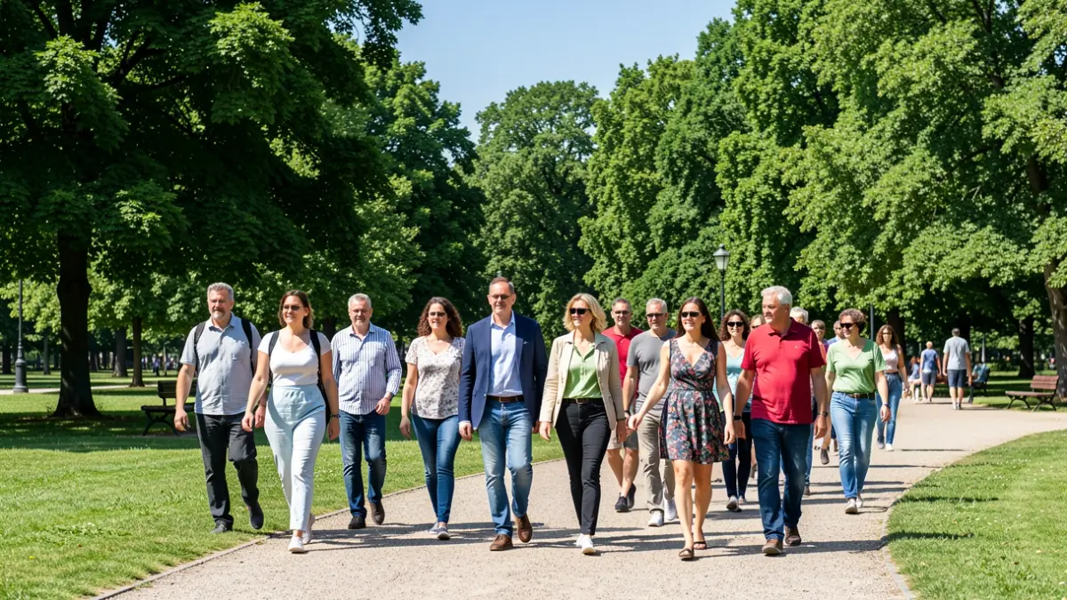 Imagem de utentes a participar numa caminhada em grupo, promovendo saúde e bem-estar.