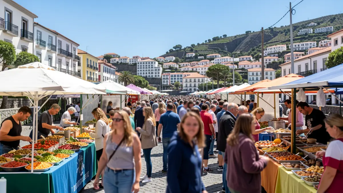 Generic image of an outdoor food festival in Funchal, with crowds and food stalls.